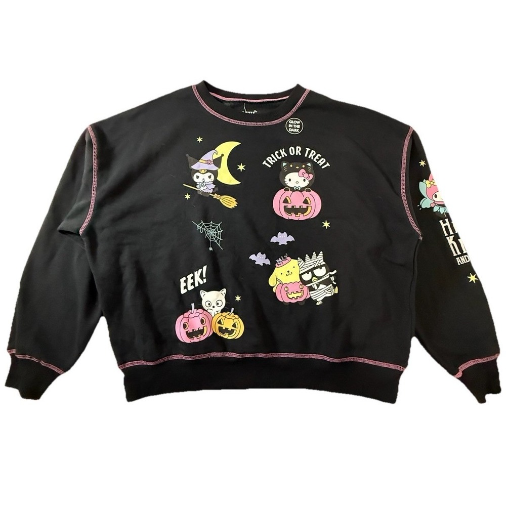 Sanrio Hello Kitty Halloween Glow in the Dark Sweatshirt Black Pink Large NEW